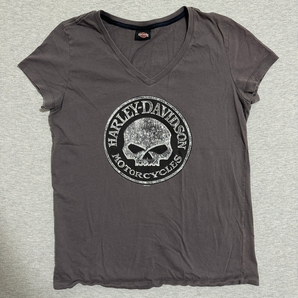 Harley-Davidson Womens V-Neck Willie G Skull Graphic Tee Reno NV Gray 3572